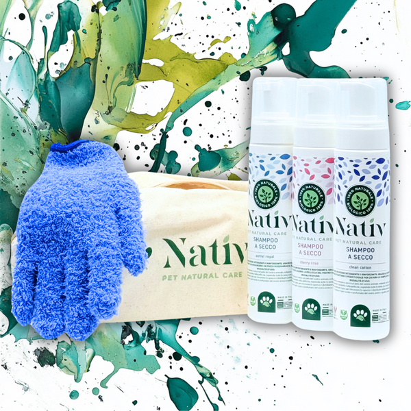 Kit 3 shampoo a secco con borsa in tela e guanto